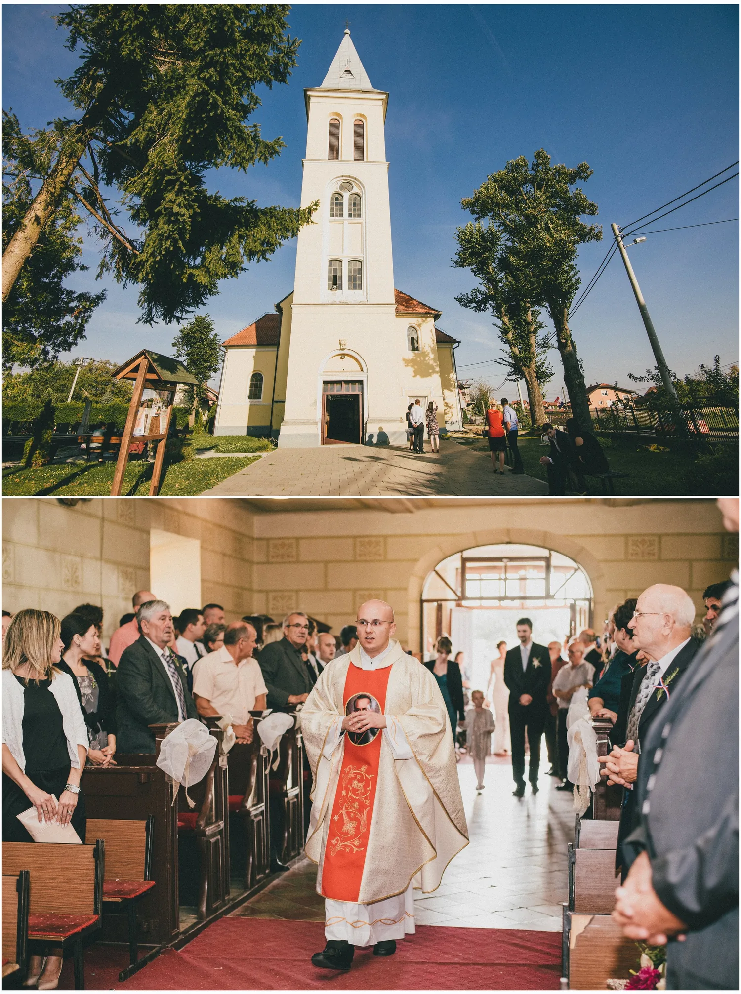 Bijela crkva sa zvonikom i svećenikov ulazak pred početak ceremonije