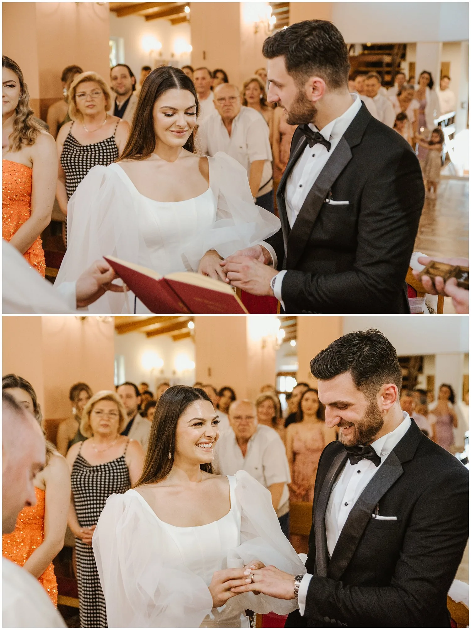 Mladenci razmjenjuju prstenje tijekom ceremonije u crkvi, okruženi gostima