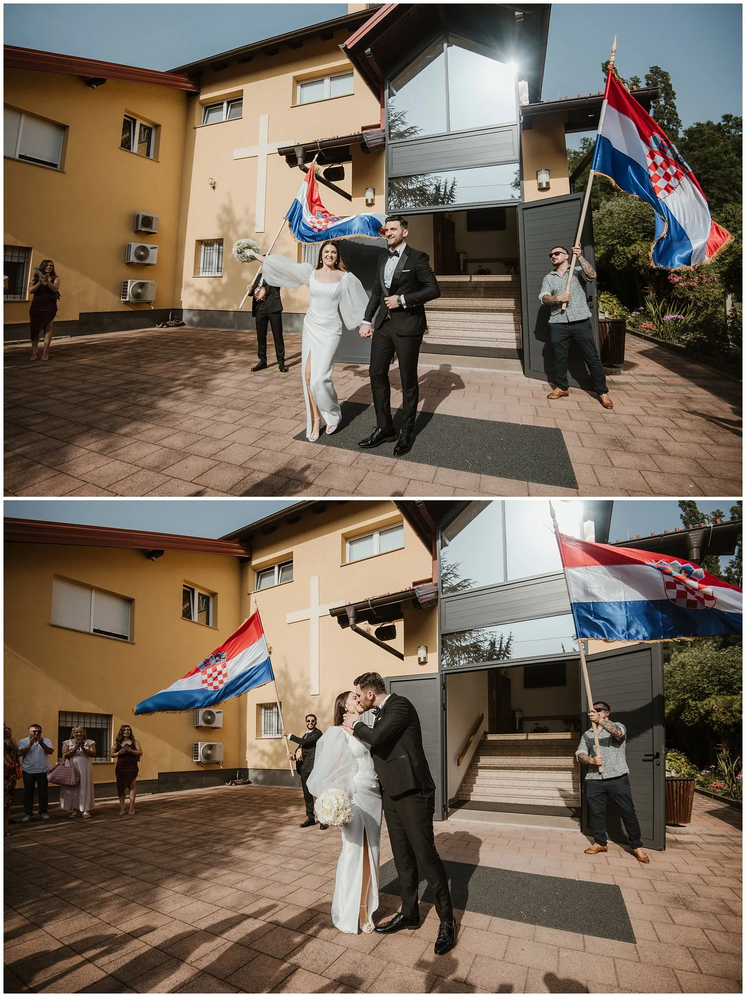 Mladenci ispred crkve s hrvatskim zastavama, okruženi gostima, poziraju i ljube se nakon ceremonije