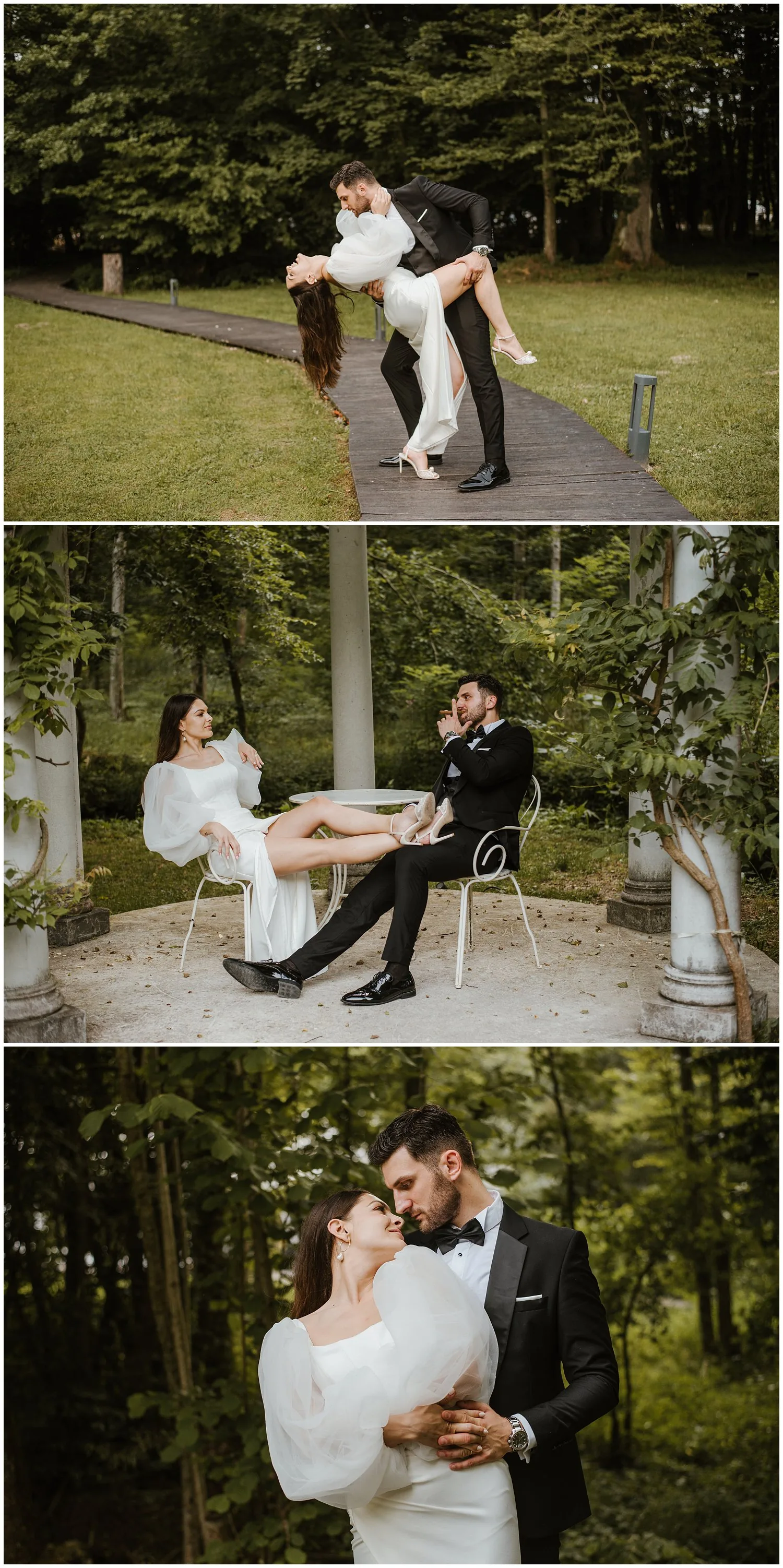 Kompozit tri fotografije: mladenci u romantičnim pozama na stazi i u vrtnoj sjenici s bijelim stupovima