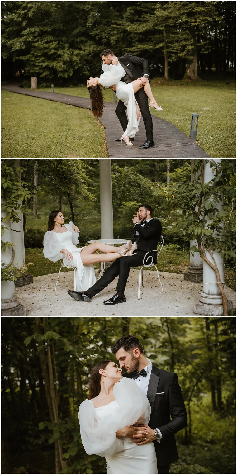 Kompozit tri fotografije: mladenci u romantičnim pozama na stazi i u vrtnoj sjenici s bijelim stupovima
