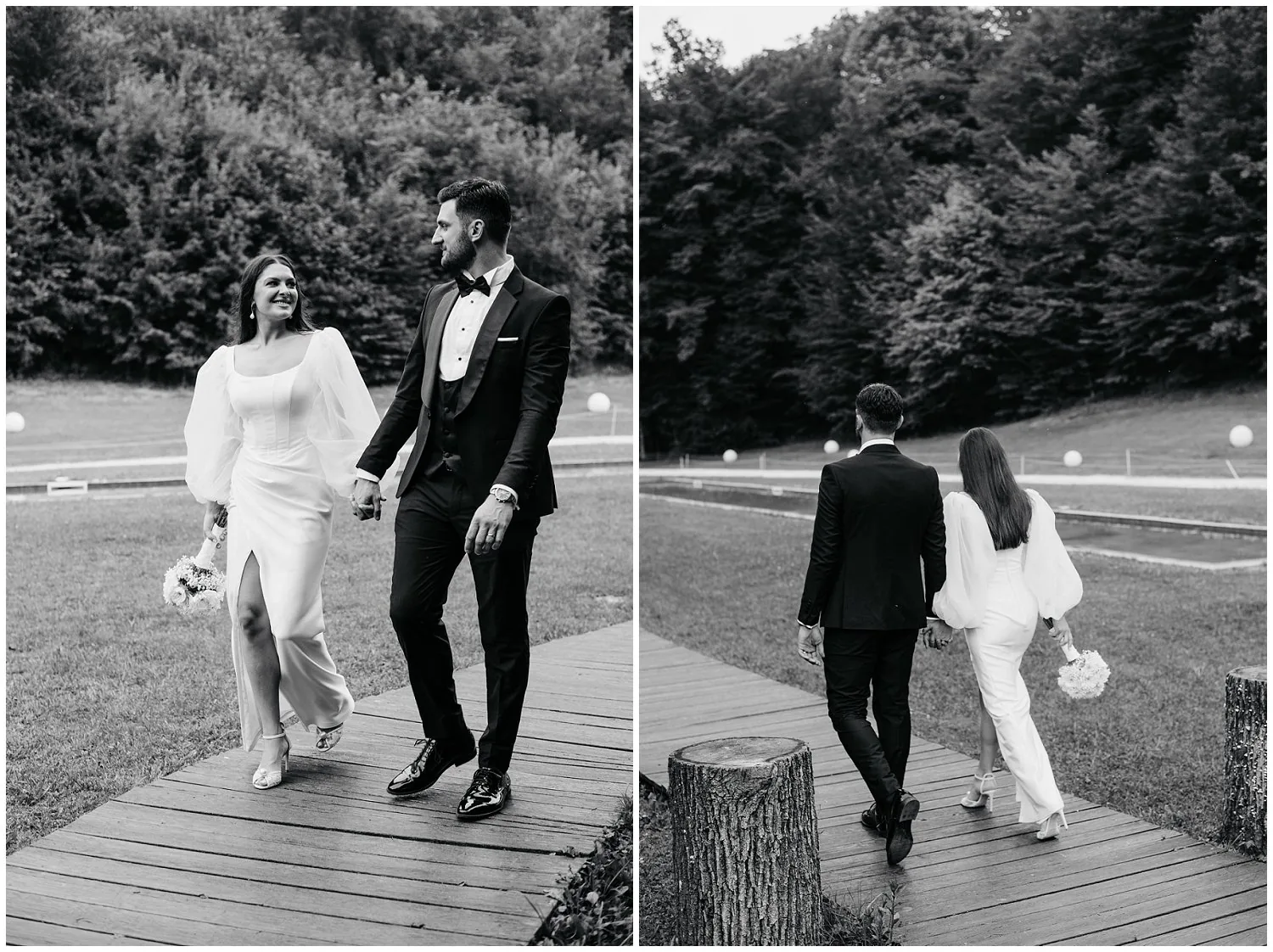 Dvije crno-bijele fotografije: mladenci hodaju drvenom stazom kroz zelenilo, drže se za ruke