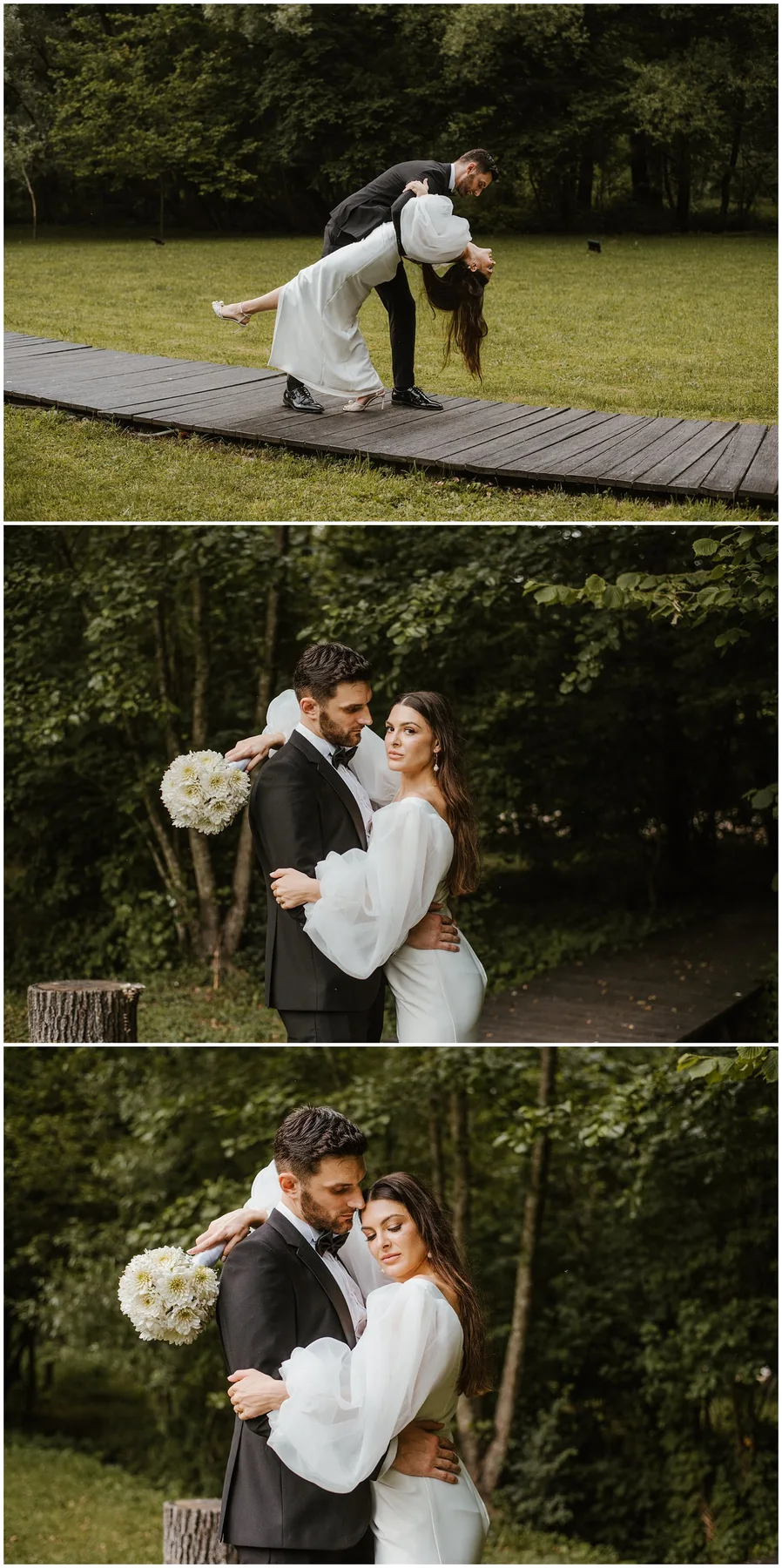 Tri fotografije: mladoženja naginje mladenku na drvenoj stazi, zagrljaji i poljupci u zelenilu