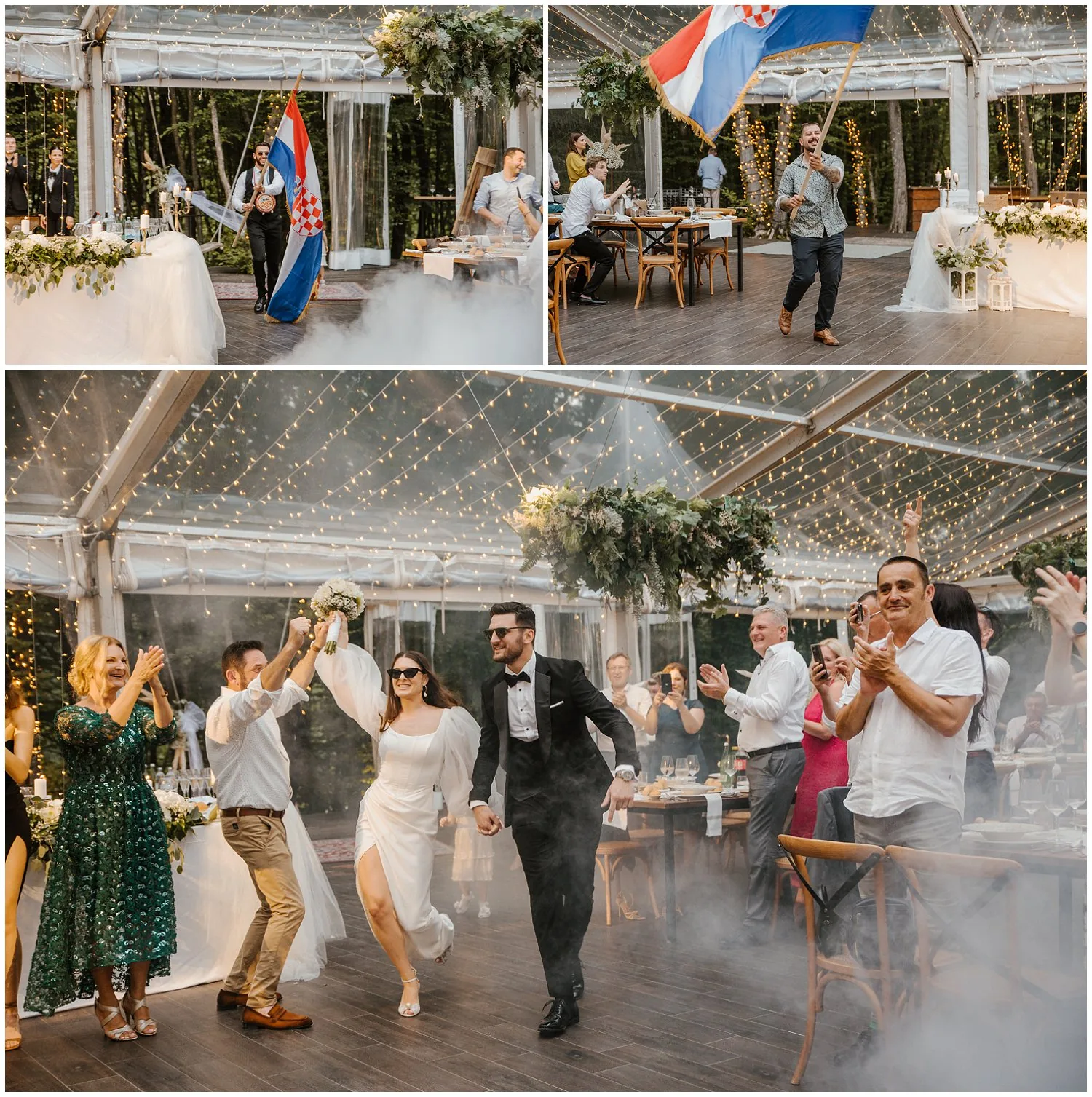 Kompozit tri fotografije: ulazak gostiju s hrvatskom zastavom i ulazak mladenaca u salu Corberon Woodsa uz ovacije