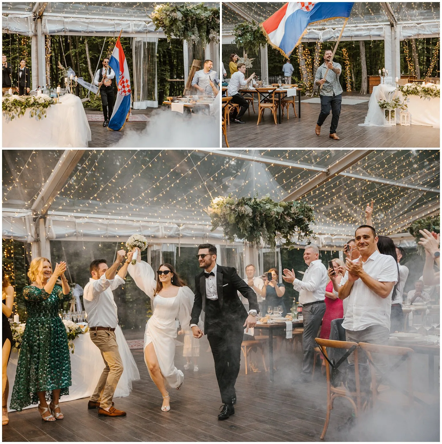 Kompozit tri fotografije: ulazak gostiju s hrvatskom zastavom i ulazak mladenaca u salu Corberon Woodsa uz ovacije