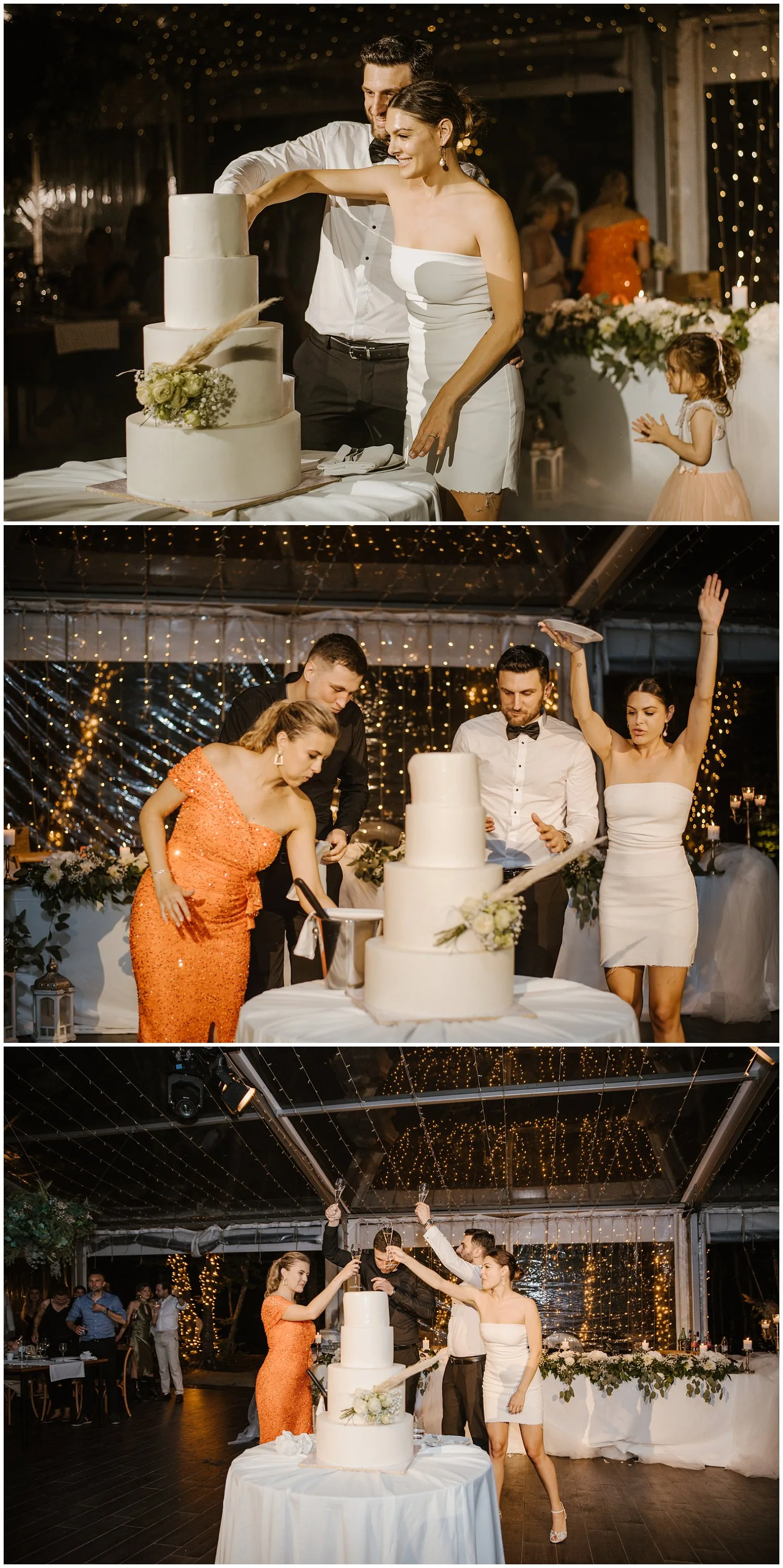Kompozit četiri fotografije: rezanje svadbene torte, slavlje i zdravica uz tortu pod svjetlosnim dekoracijama