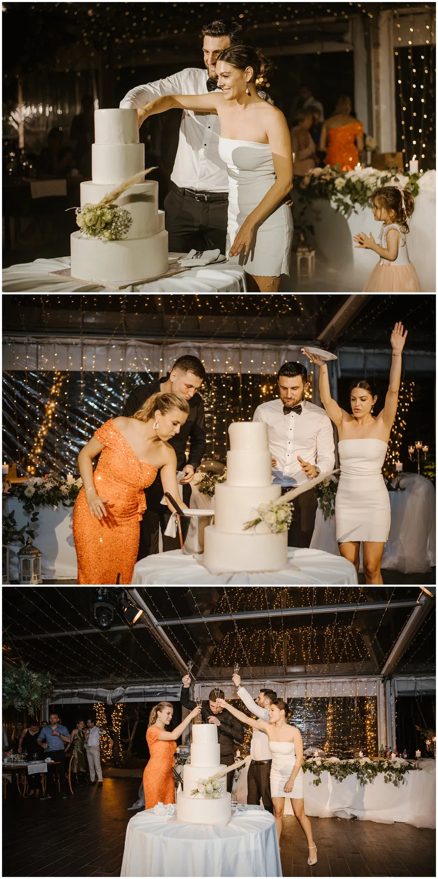 Kompozit četiri fotografije: rezanje svadbene torte, slavlje i zdravica uz tortu pod svjetlosnim dekoracijama