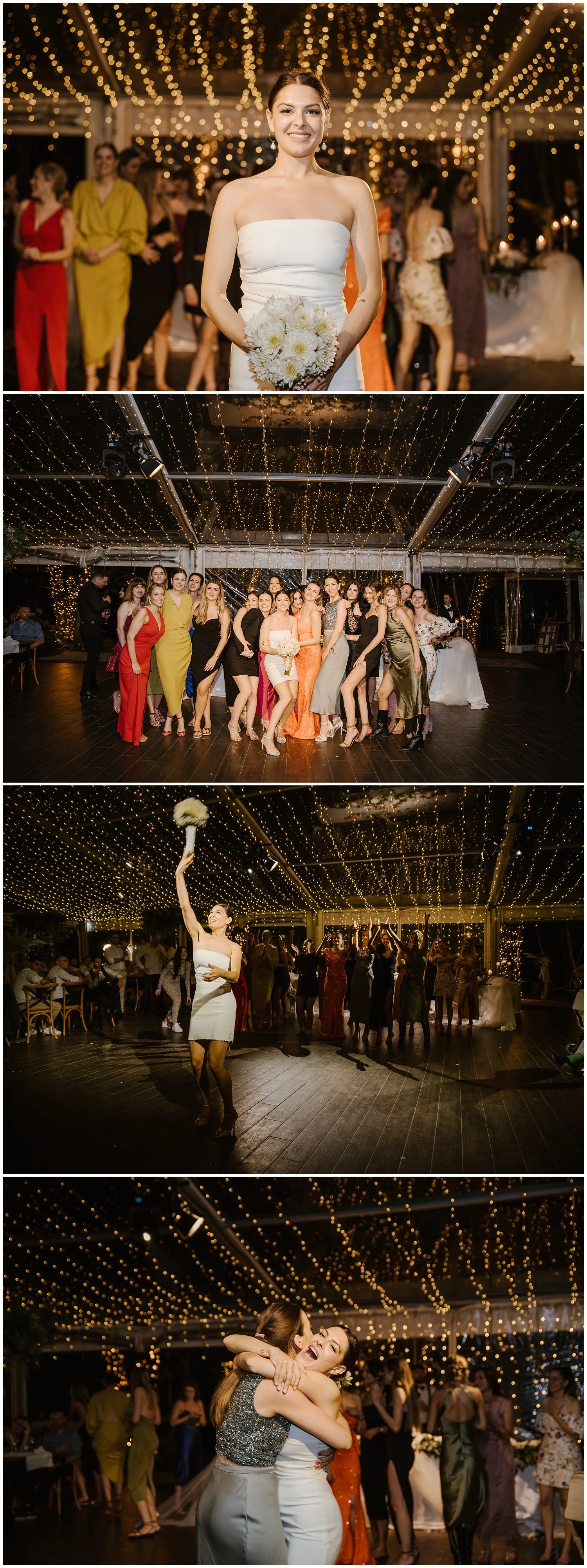 Kompozit četiri fotografije: bacanje buketa, okupljene djevojke, hvatanje buketa i zagrljaj na plesnom podiju
