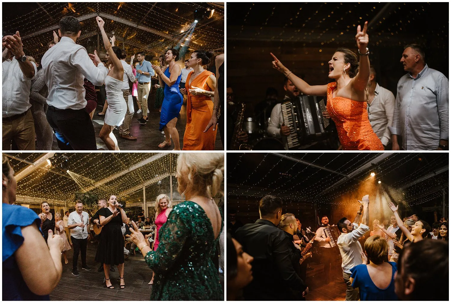 Kompozit četiri fotografije: gosti plešu i vesele se na plesnom podiju uz glazbu i svjetlosne efekte
