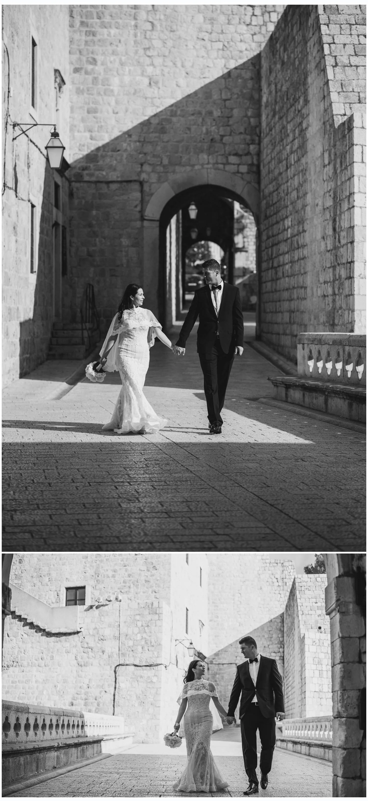 Mladenci hodaju mostom prema kameri – foto session u Dubrovniku