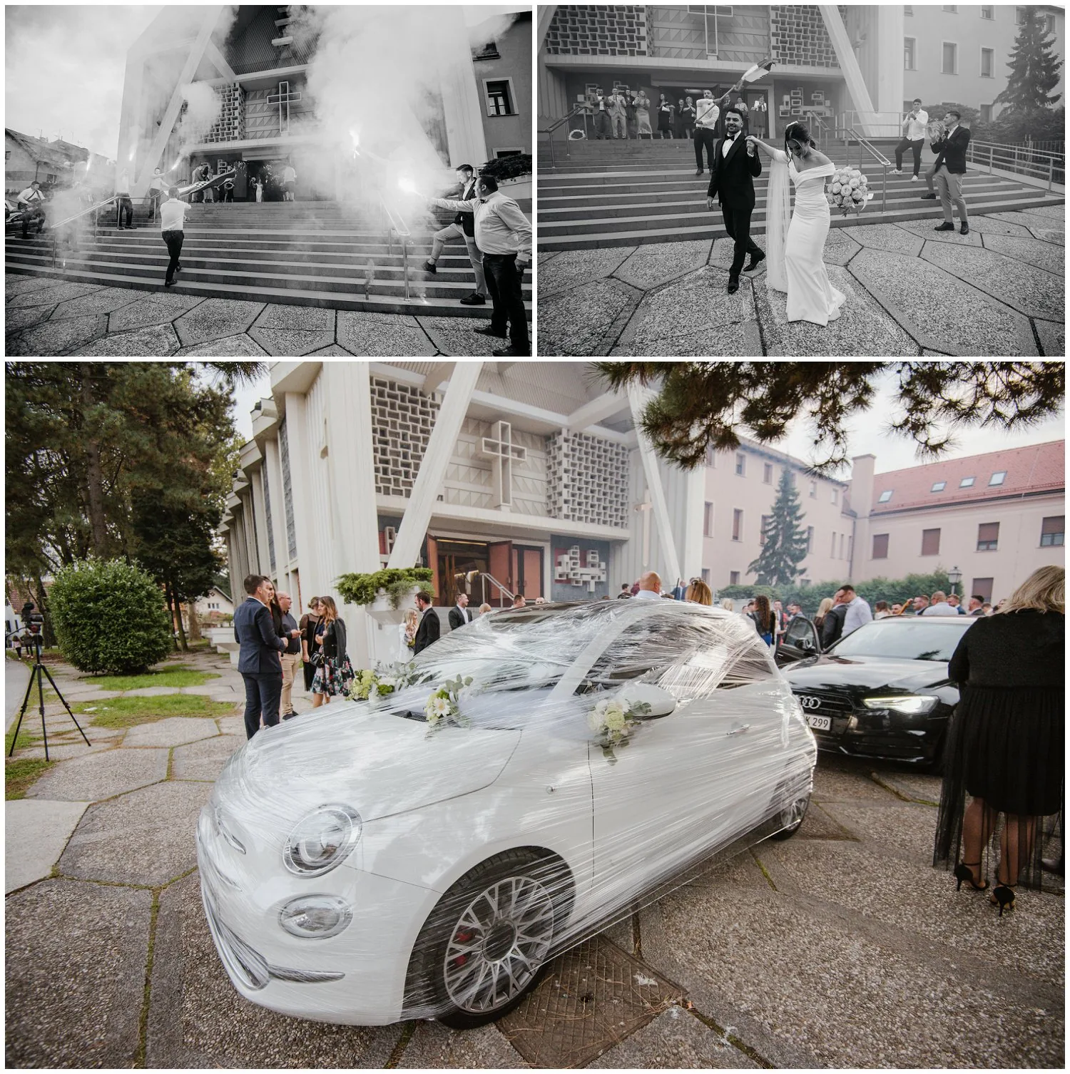 Izlazak mladenaca iz crkve i Fiat 500 zamotan kao poklon.