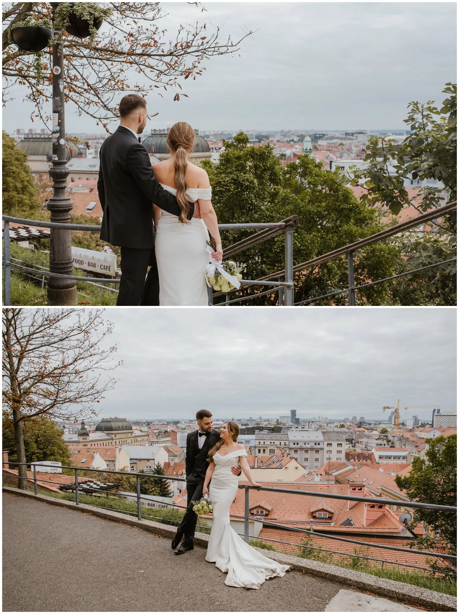Mladenci šeću Strossmayerovim šetalištem i poziraju ispred panorame Zagreba.